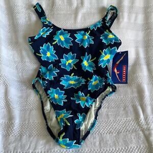 New NWT Jantzen Vintage Navy Floral One Piece Bathing Suit, Size 14